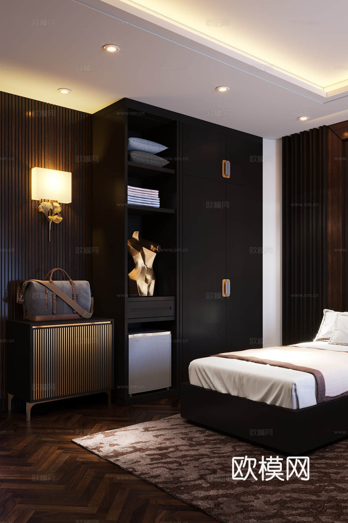 意式极简​酒店客房 酒店风卧室​ 玻璃衣柜 背景墙3d模型下载（渲染图6）