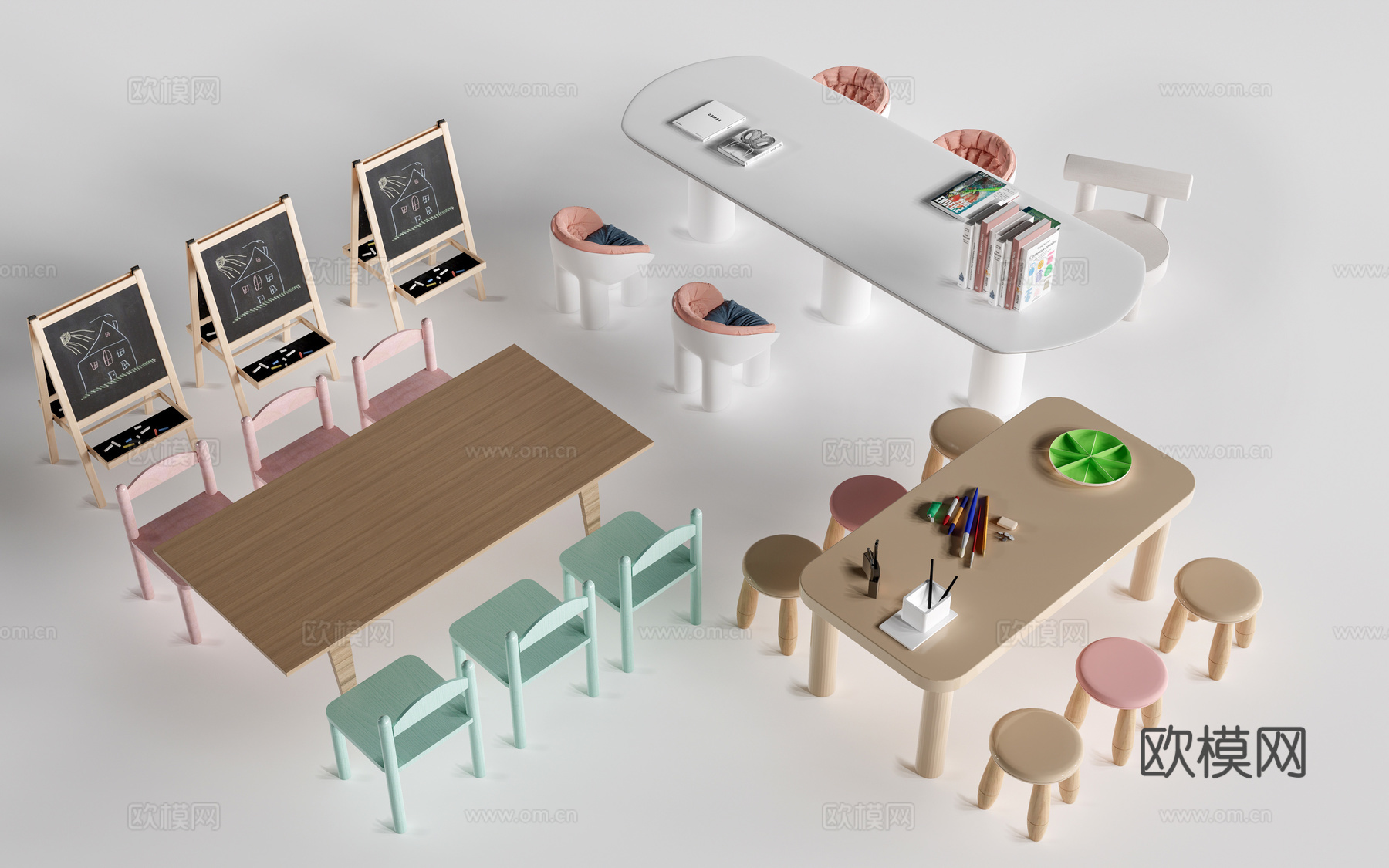 现代儿童手工桌椅 幼儿园桌椅 卡通桌椅su模型