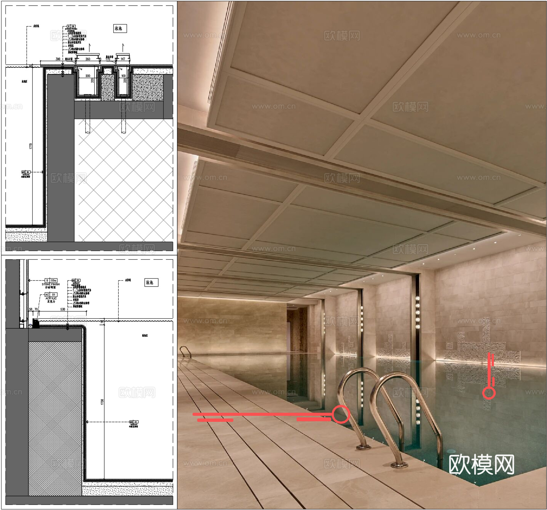 室内泳池地面节点、游泳池排水沟做法、会所游泳池边节点cad施工图