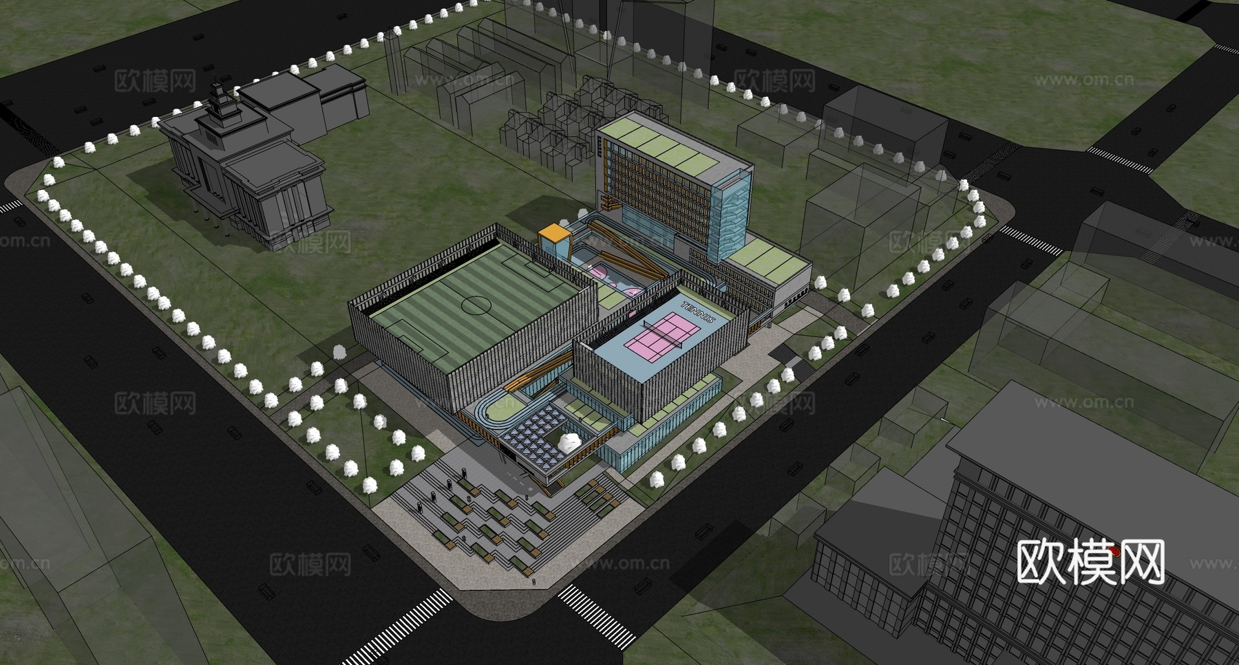 现代简约文化馆 文化中心 社区服务中心 楼顶足球场su模型