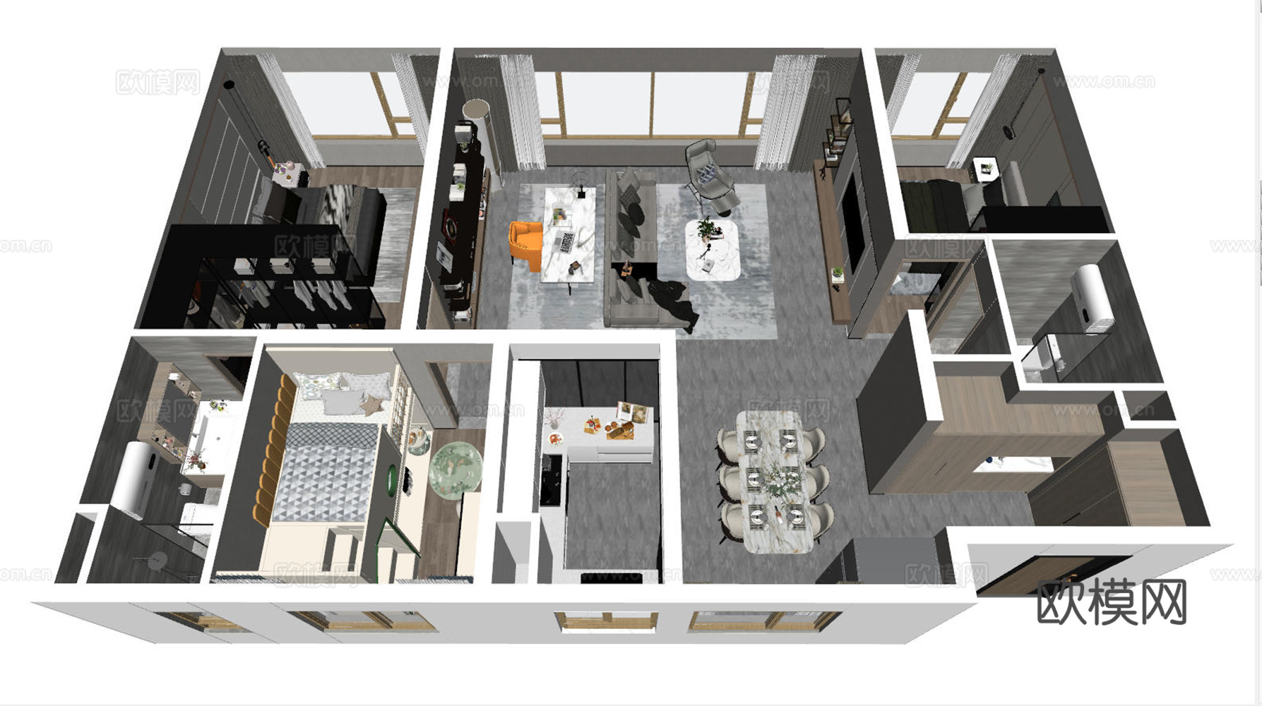 现代家装样板间鸟瞰图su模型
