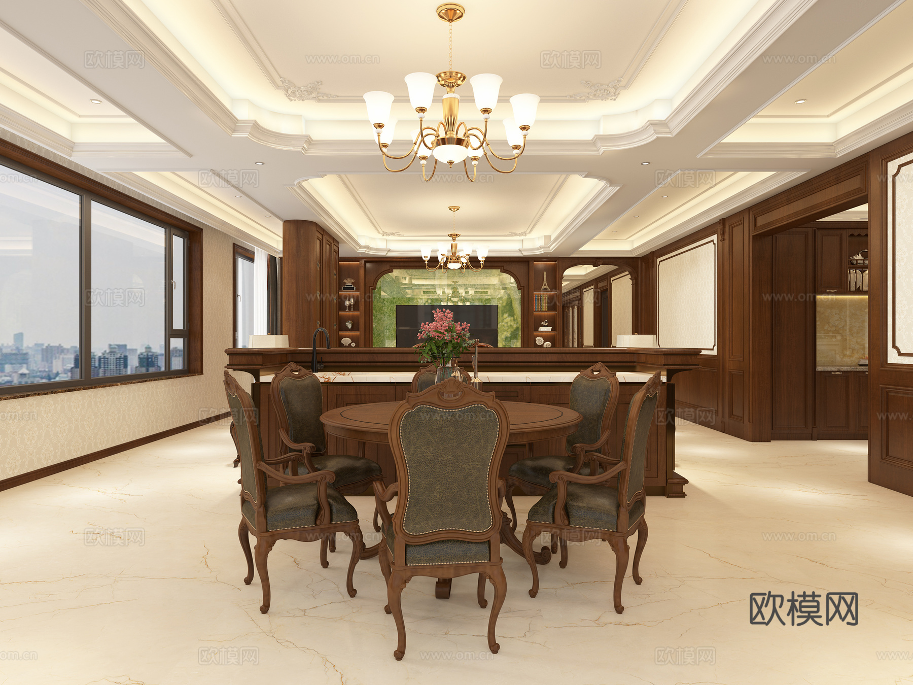 美式客餐厅 影视墙 圆形餐桌 组合沙发 酒柜 餐边柜 电视柜3d模型下载（渲染图5）