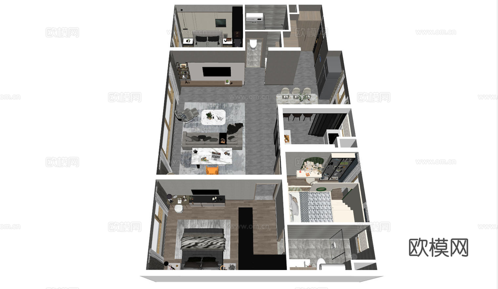 现代家装样板间鸟瞰图su模型