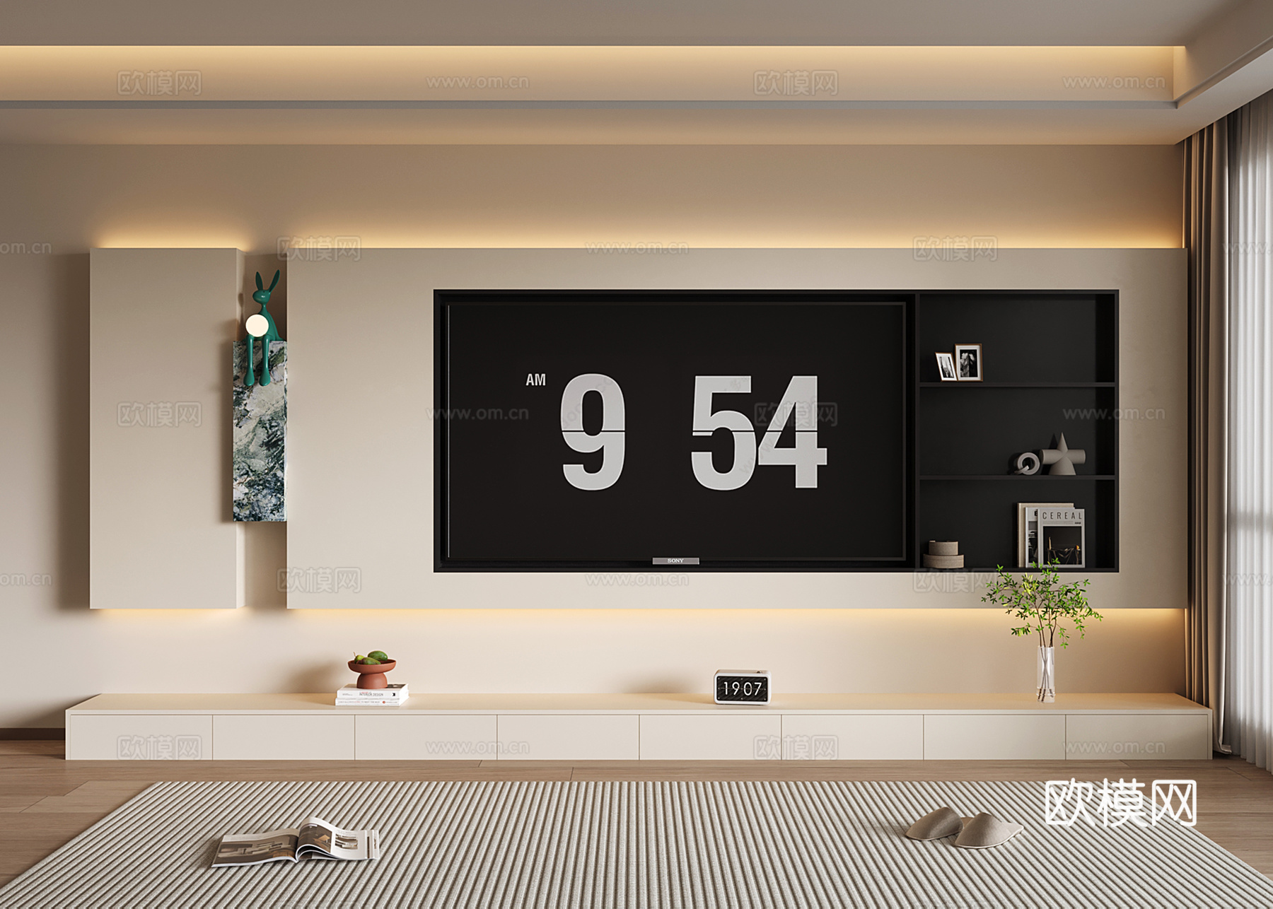 奶油风电视背景墙 现代开放格电视背景墙 落地电视柜su模型