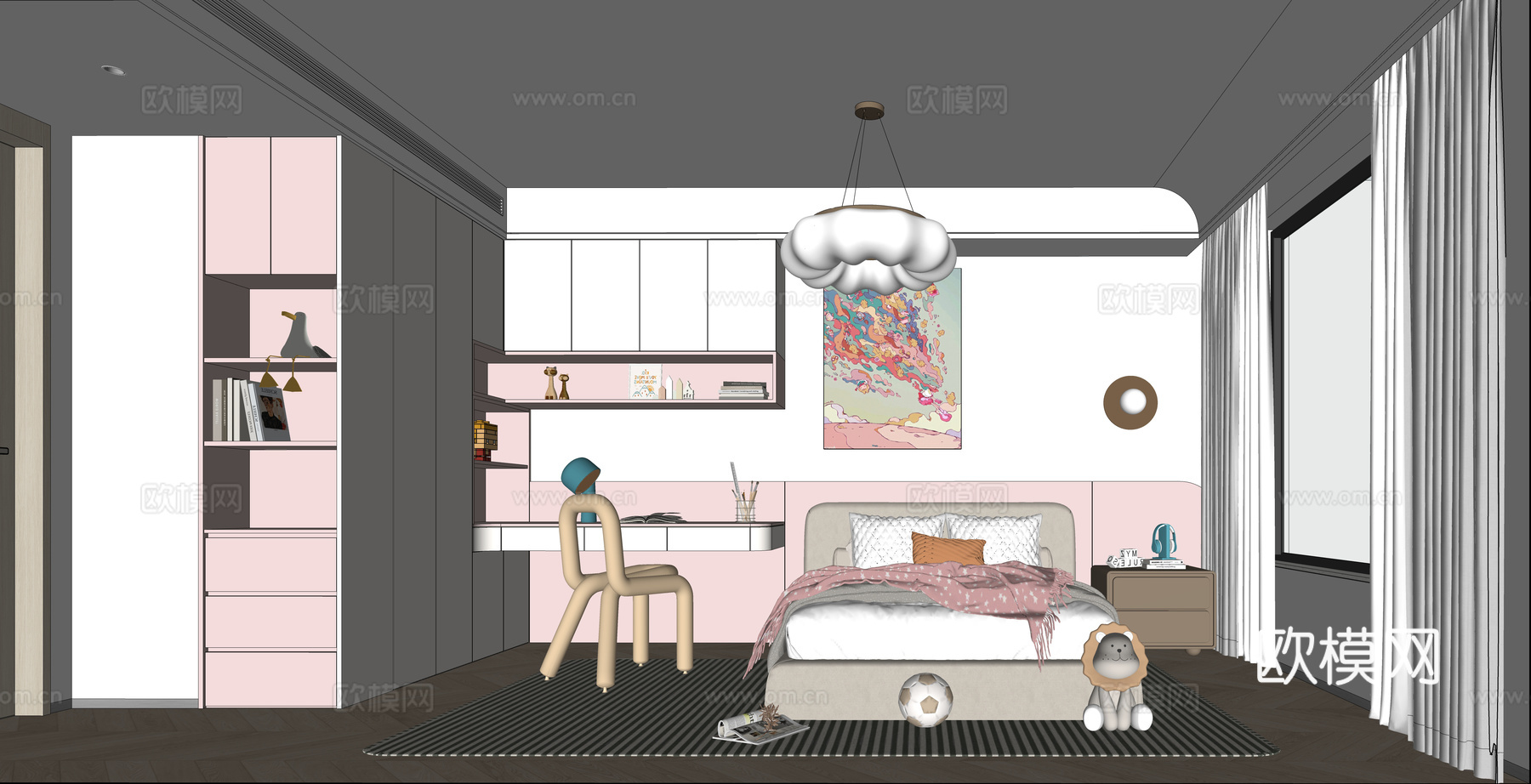 现代风格 儿童房 卧室 女孩房su模型