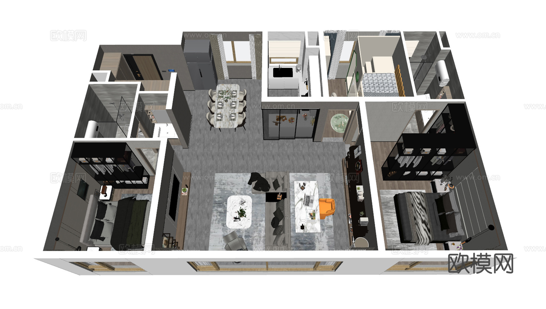 现代家装样板间鸟瞰图su模型
