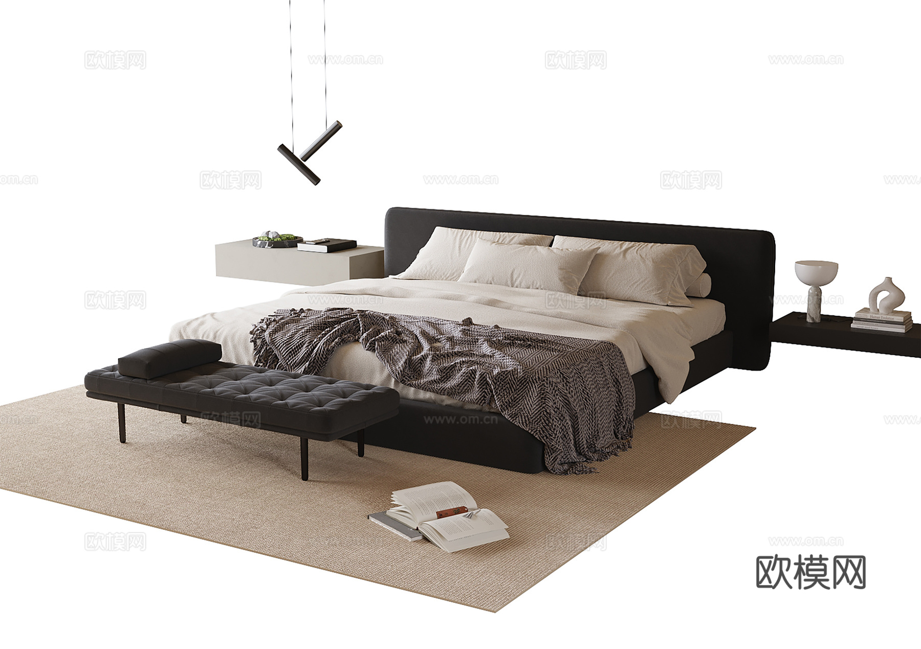 现代双人床 床尾凳su模型