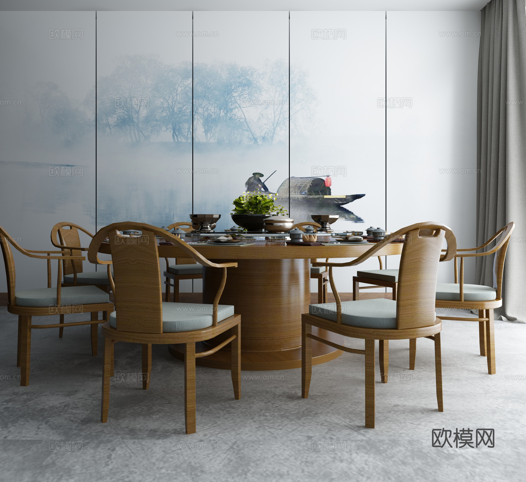 新中式茶桌椅组合中式水墨画3d模型下载（渲染图1）