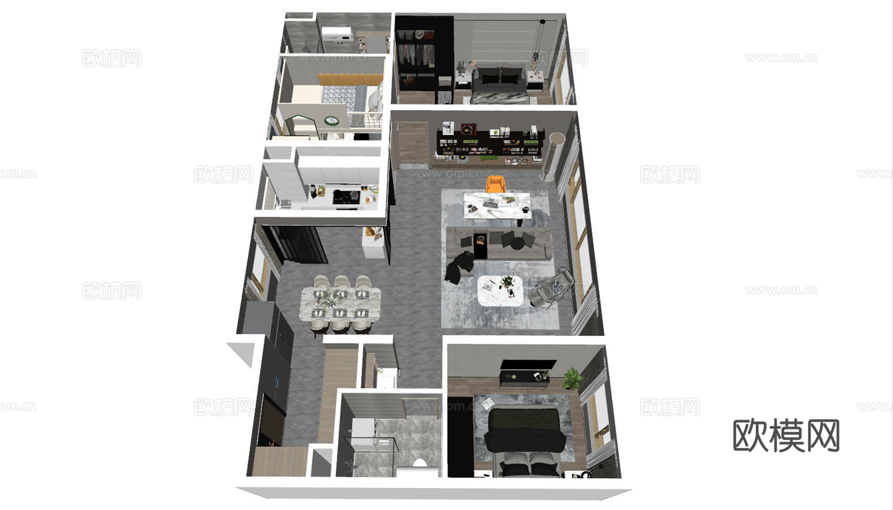 现代家装样板间鸟瞰图su模型