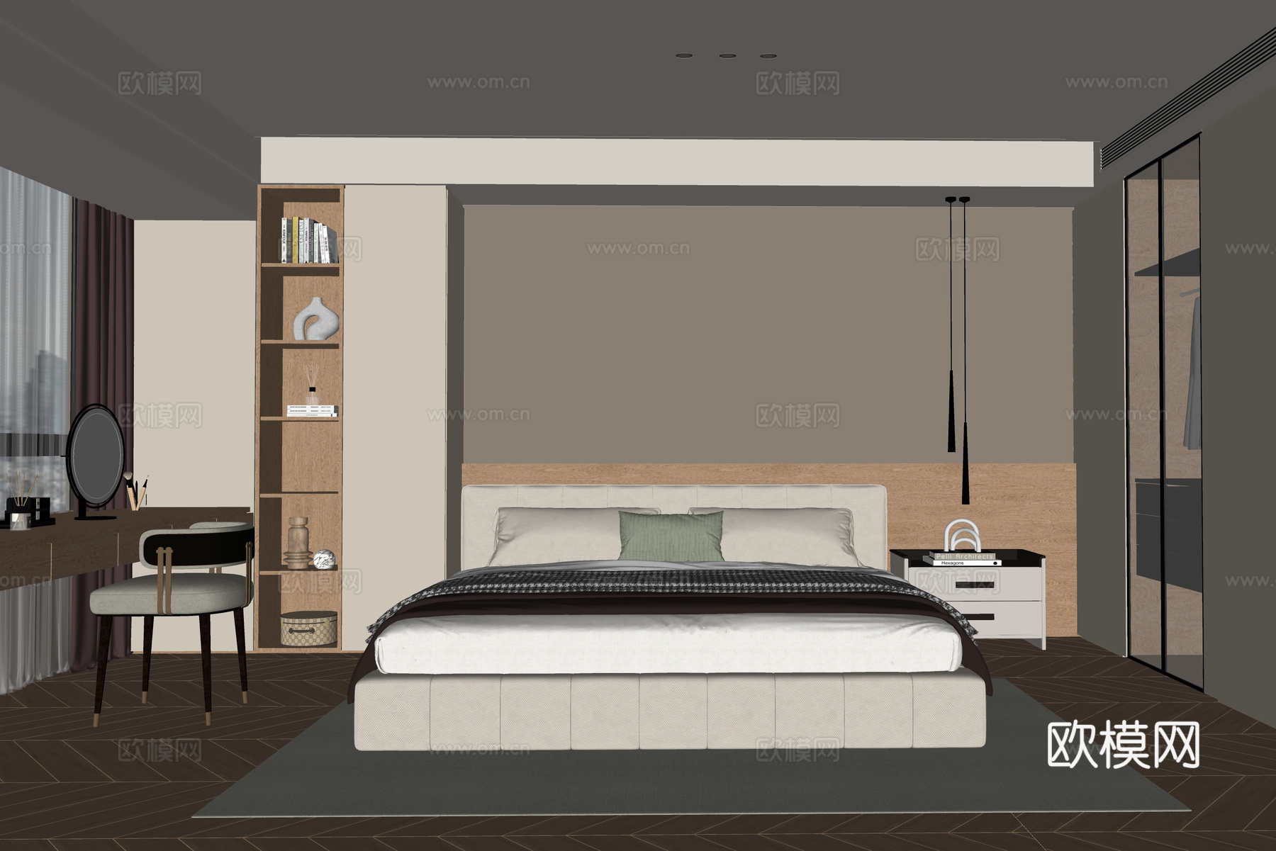 现代卧室 双人床免费su模型