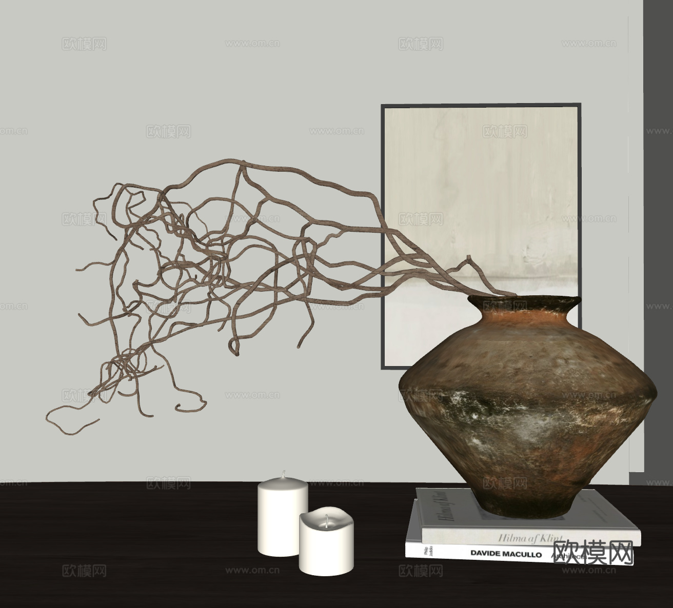 现代侘寂风饰品摆件组合干支花瓶su模型