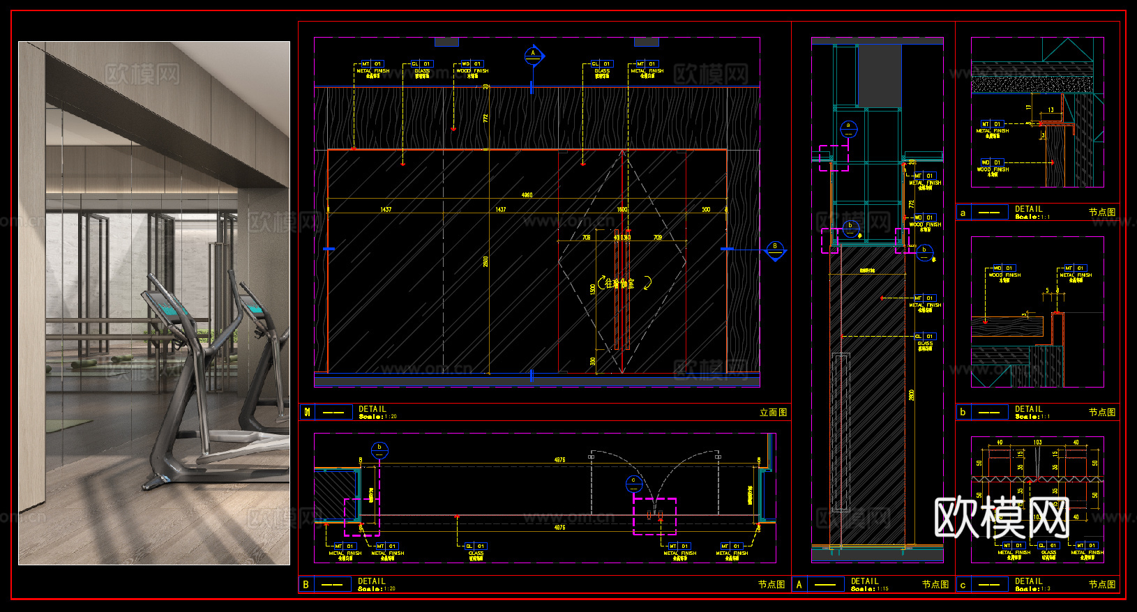 玻璃门节点  健身房玻璃门 双开玻璃门cad施工图