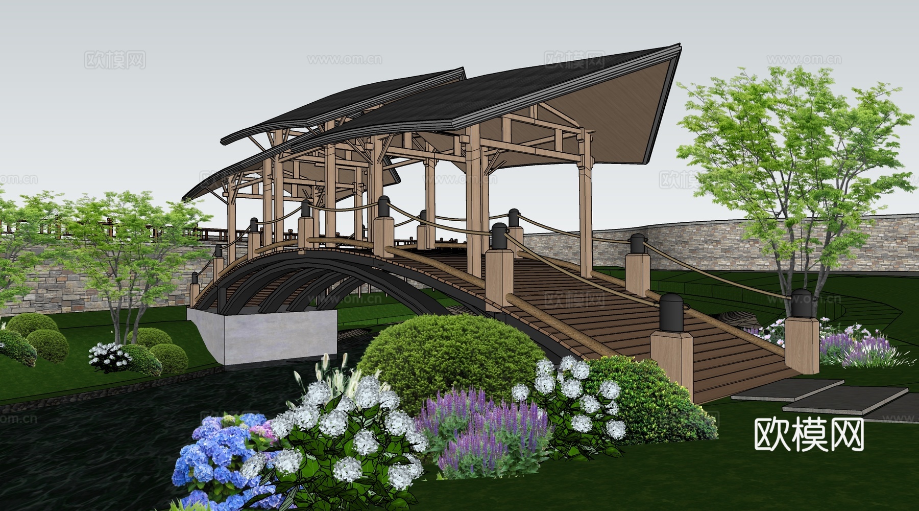 现代景观小桥 景观桥 木拱桥 公园桥su模型