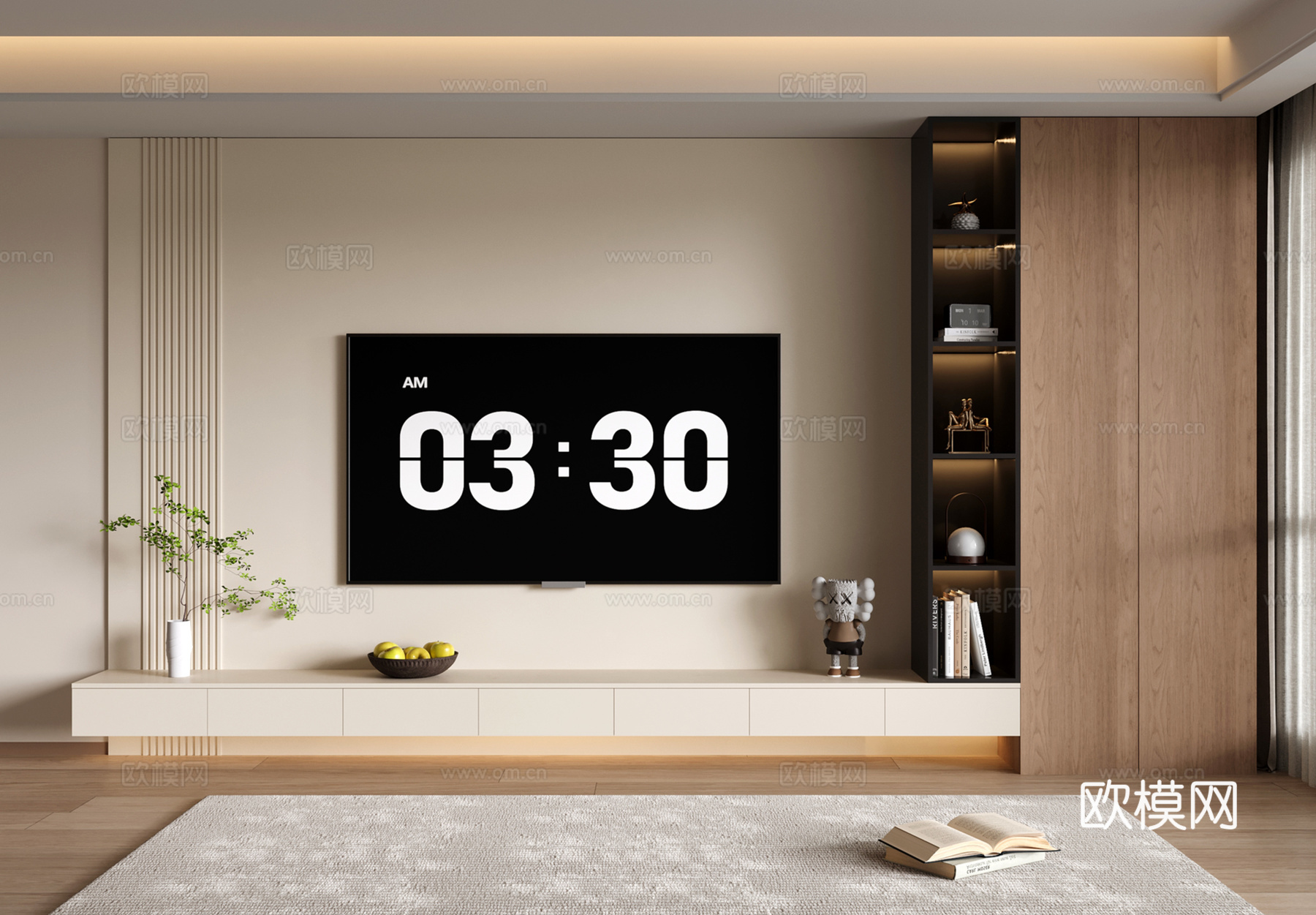 现代中古电视背景墙 收纳储物开放格 悬空电视柜su模型