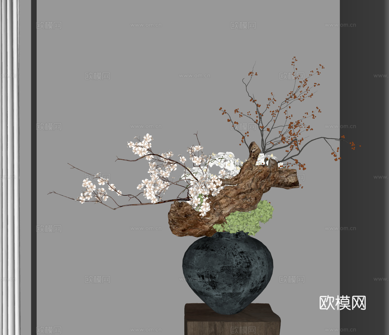 花瓶 中古花艺盆景 陶罐花瓶 干枝花艺 装饰摆件 花 现代花su模型