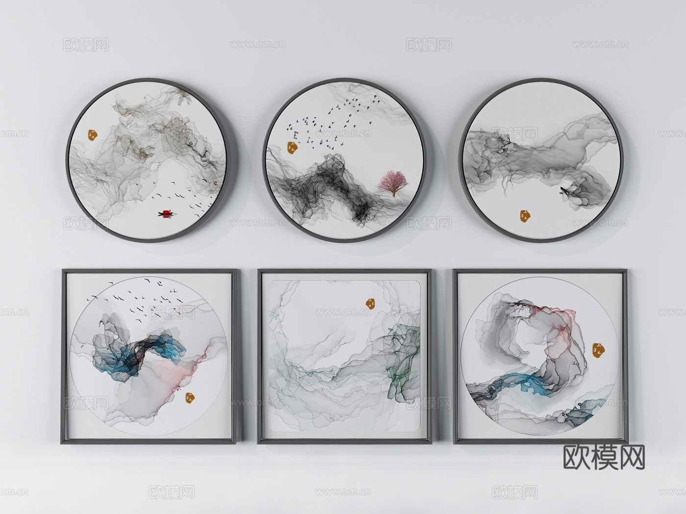 新中式山水装饰画挂画组合3d模型下载（渲染图1）