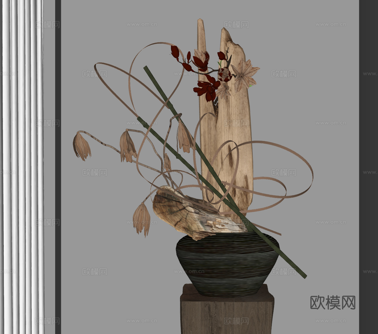 新中式花瓶 枯木花艺盆景 陶罐花瓶 干枝花艺 装饰摆件 花su模型
