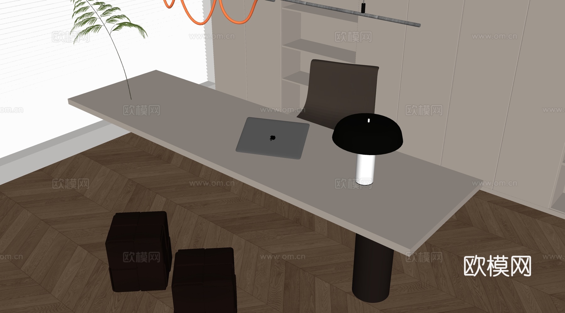 现代书房 书桌椅  办公桌椅 摆件组合 书柜su模型