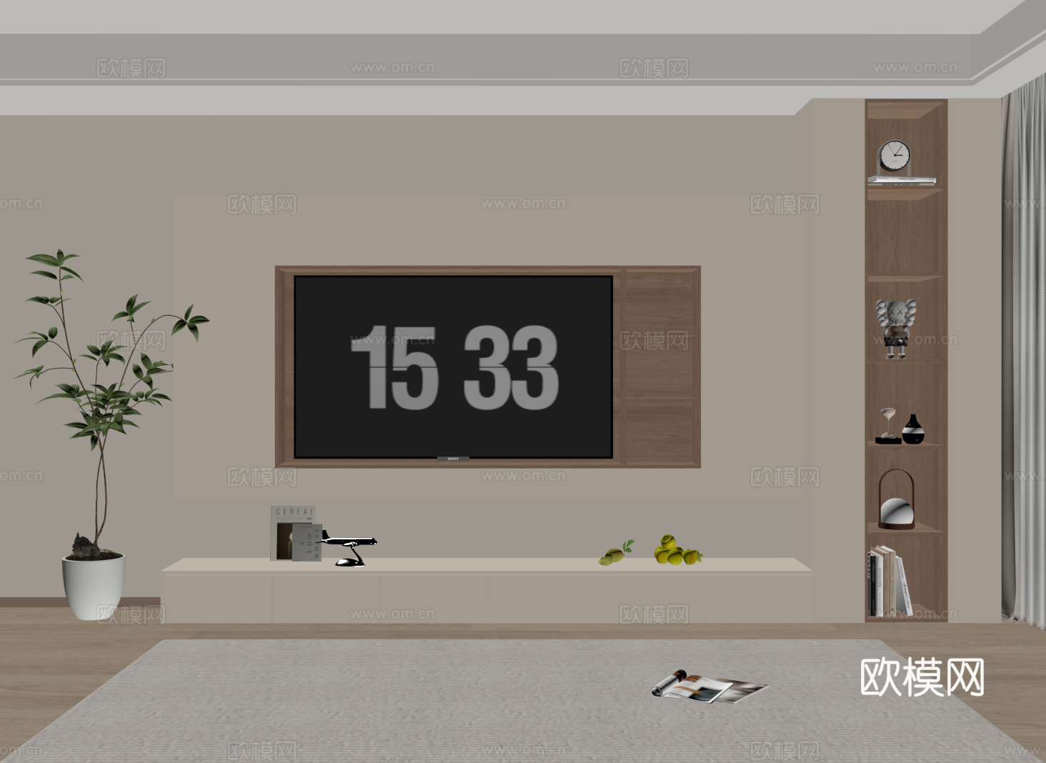 奶油风电视背景墙 开放格电视柜一体su模型