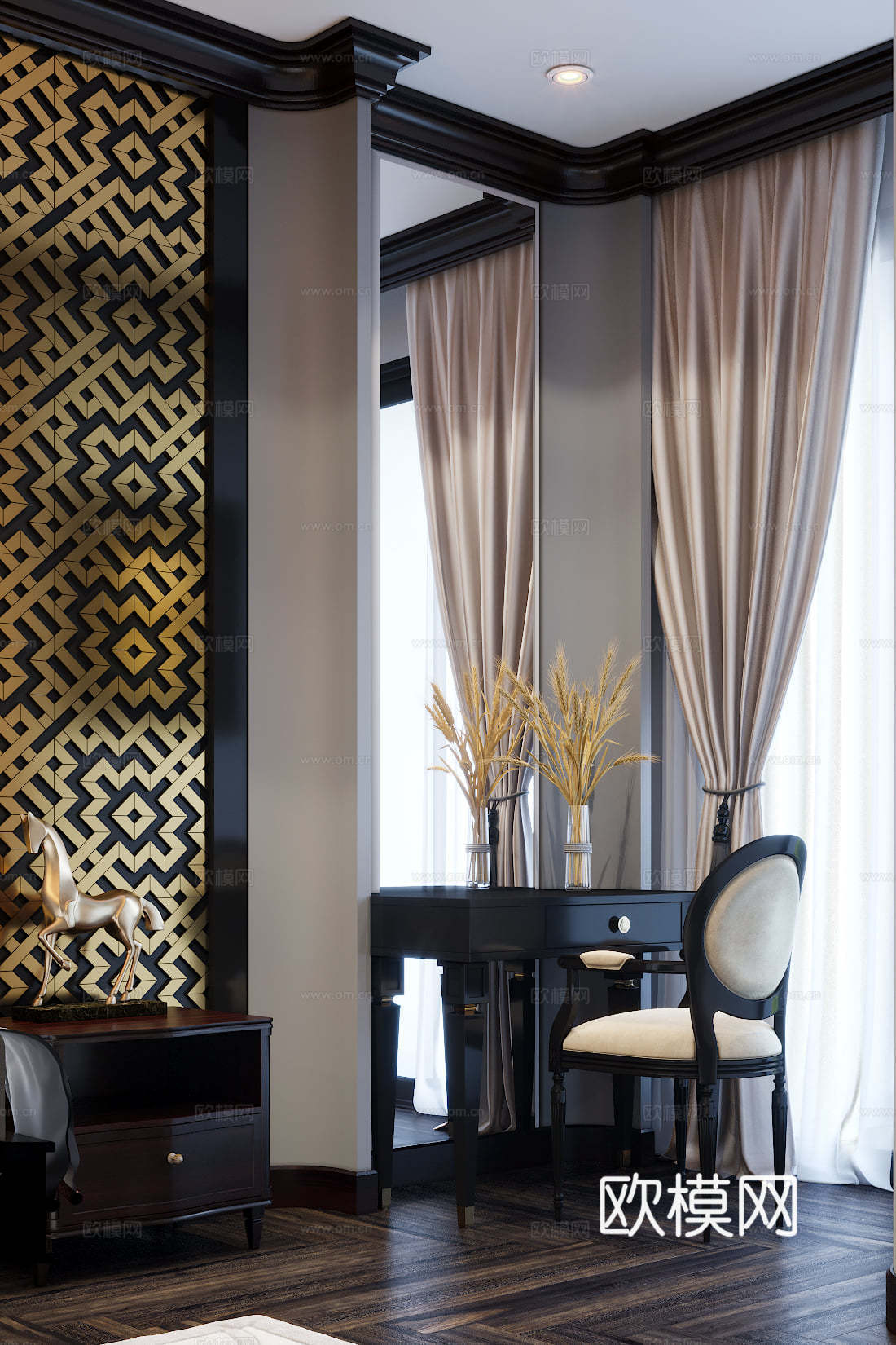 意式极简​酒店客房 酒店风卧室​ 玻璃衣柜 背景墙3d模型下载（渲染图7）