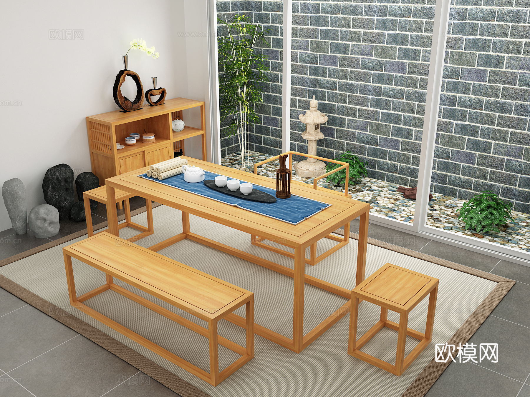 新中式茶室 茶桌 茶水柜组合3d模型下载（渲染图1）