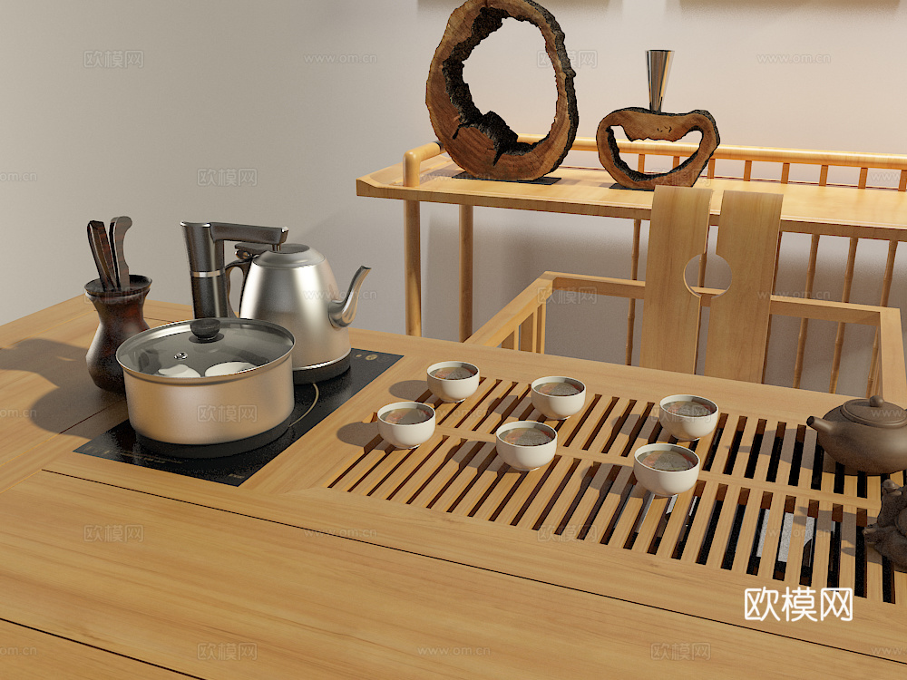 新中式茶室 原木茶桌椅 功夫茶具组合3d模型下载（渲染图2）
