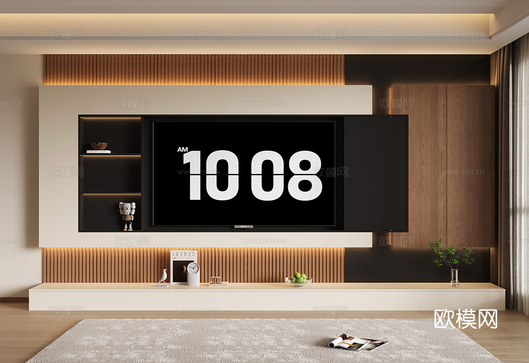 意式电视背景墙 开放格电视柜一体 收纳储物电视柜 木格栅电视su模型