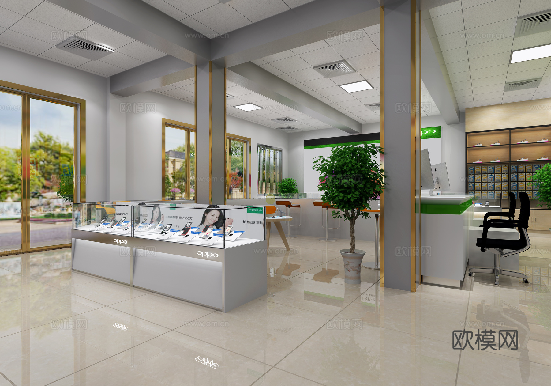 现代手机专卖店 收银台 座椅 货架 物件摆件3d模型下载（渲染图2）