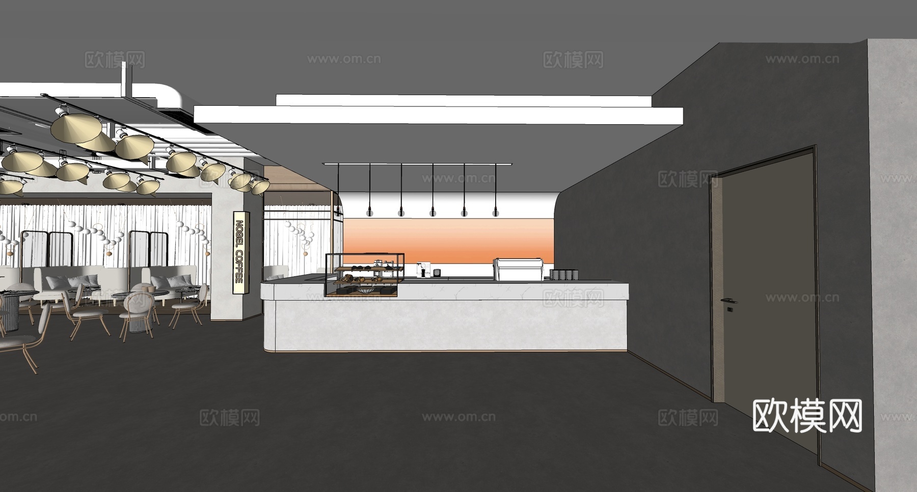奶油简约咖啡厅 咖啡店 餐饮空间 餐桌椅组合 操作台吧台su模型