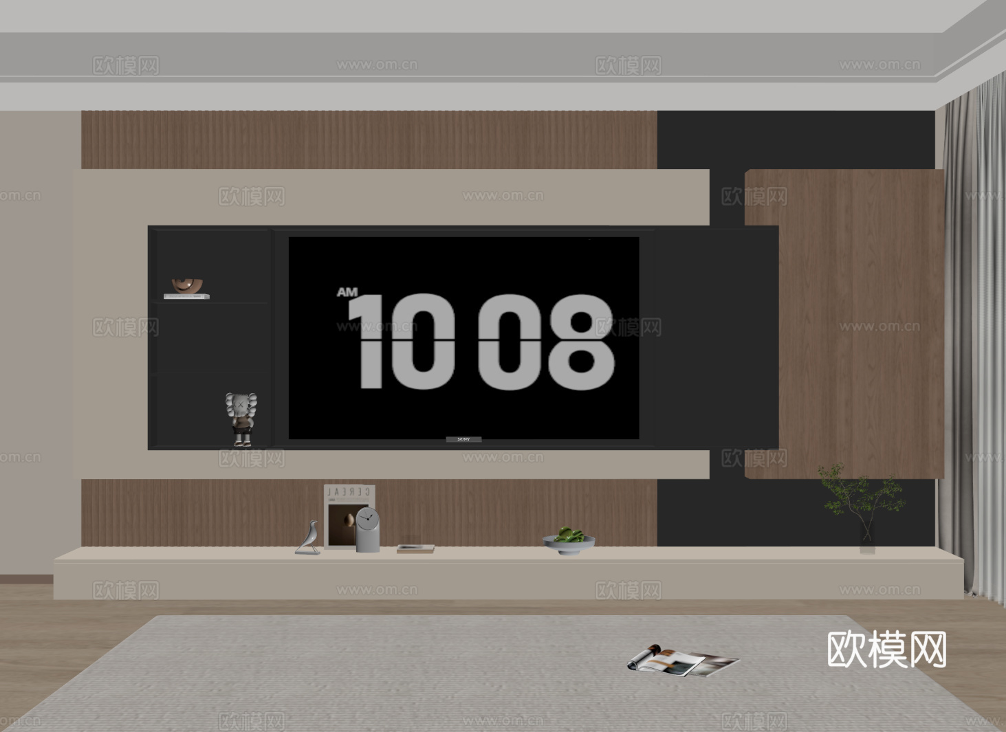意式电视背景墙 开放格电视柜一体 收纳储物电视柜 木格栅电视su模型
