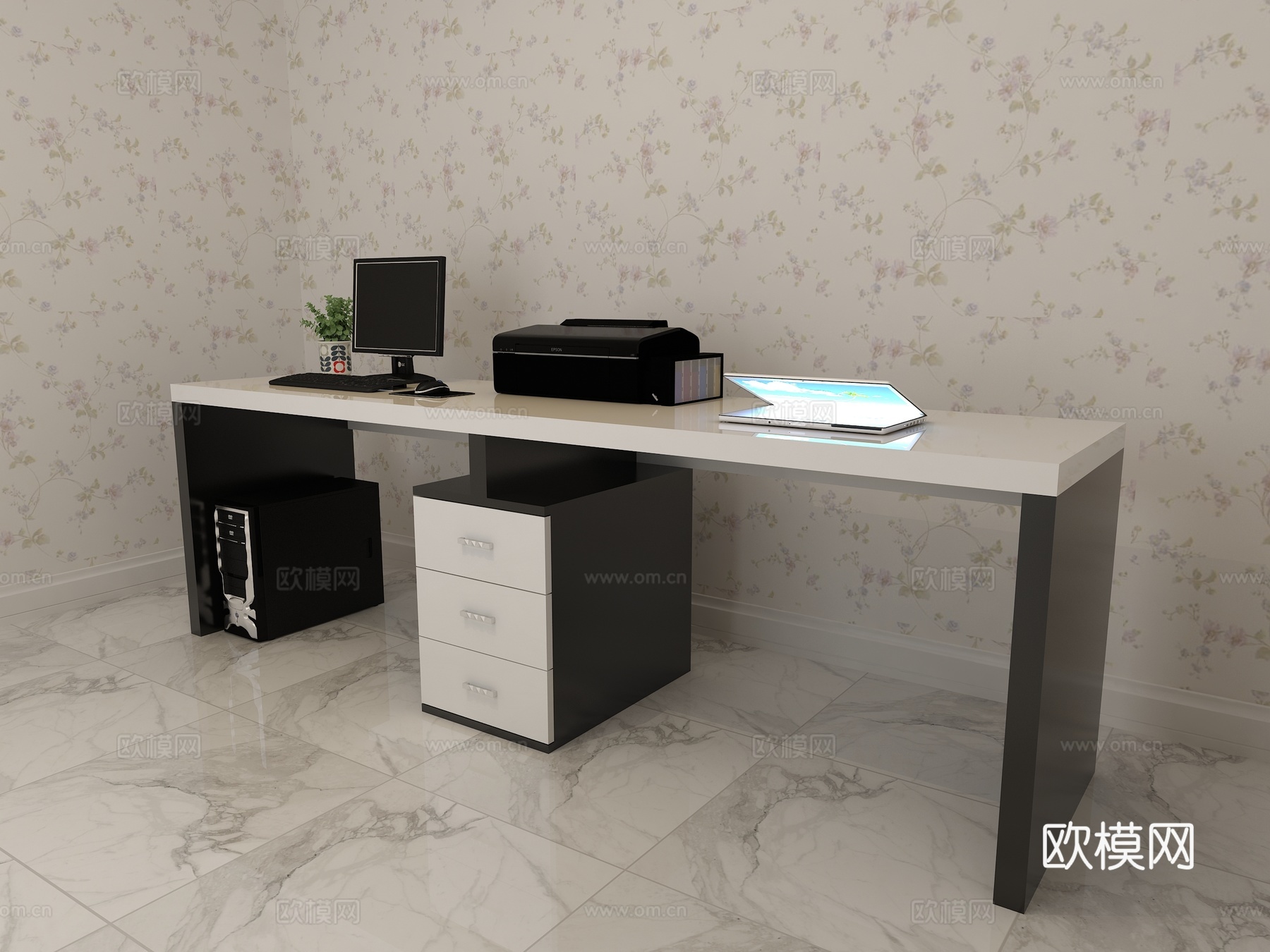 王磊健电脑桌 黑白墙纸 电脑 打印机 笔记本3d模型下载（渲染图2）
