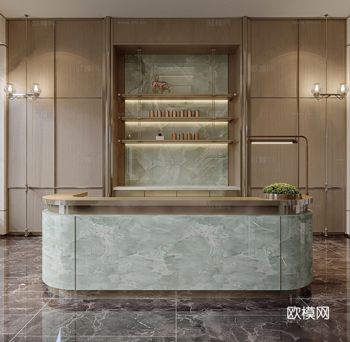 新中式前台 酒店前台 售房部前台su模型