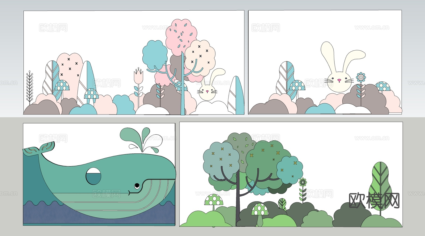 现代儿童背景墙 儿童文化墙 幼儿园背景墙 卡通装饰墙su模型