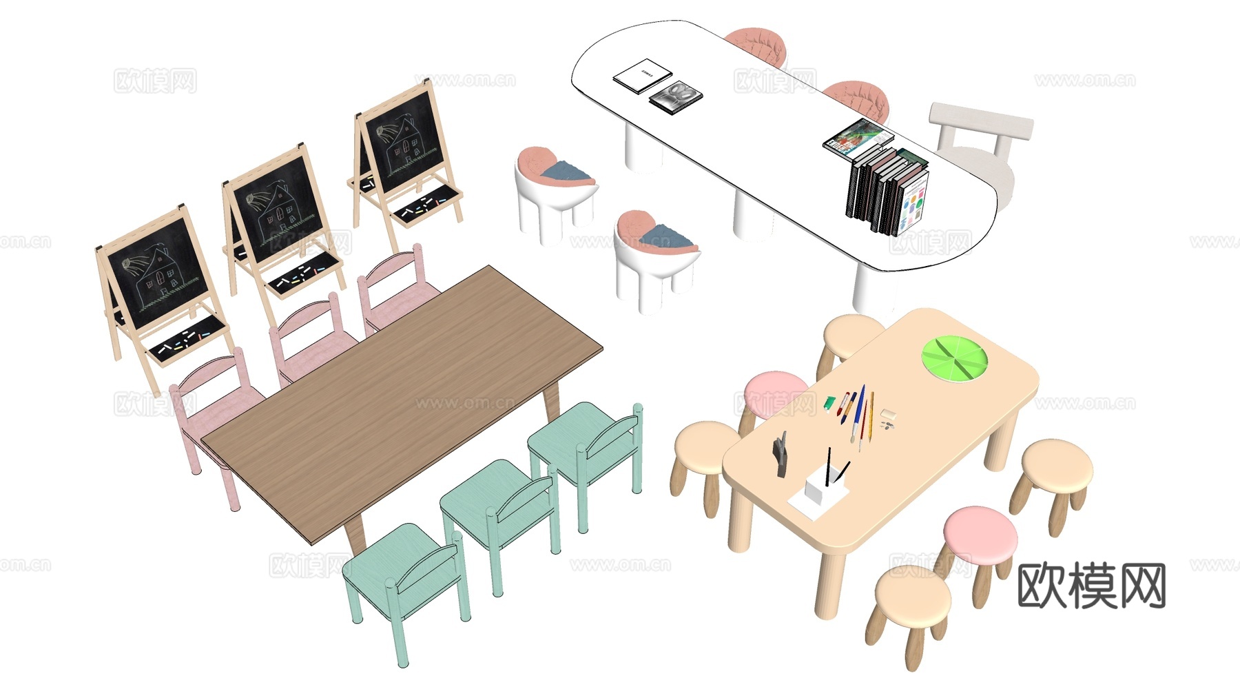 现代儿童手工桌椅 幼儿园桌椅 卡通桌椅su模型