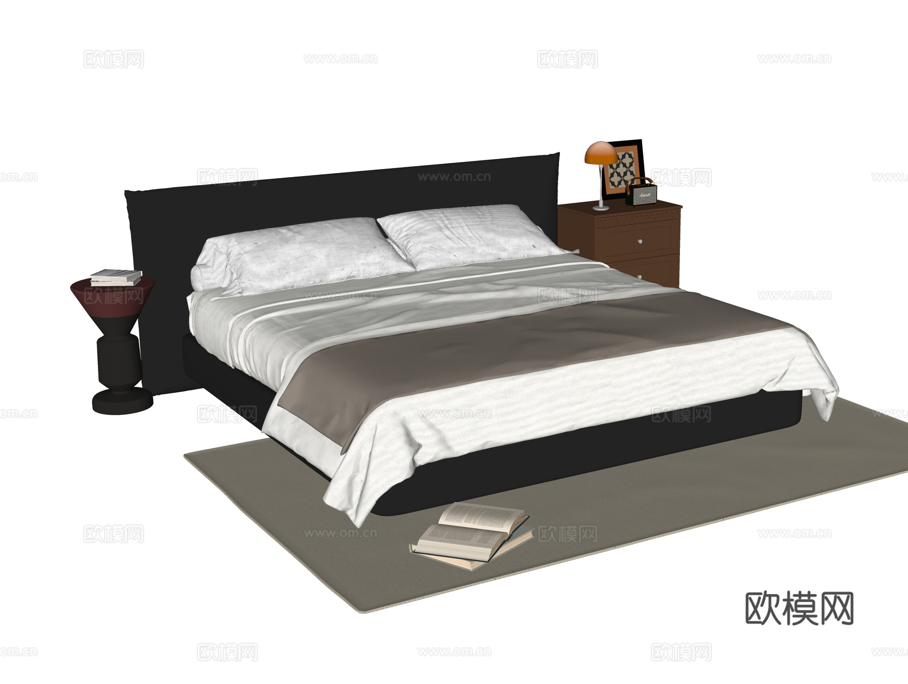 现代双人床 床头柜su模型