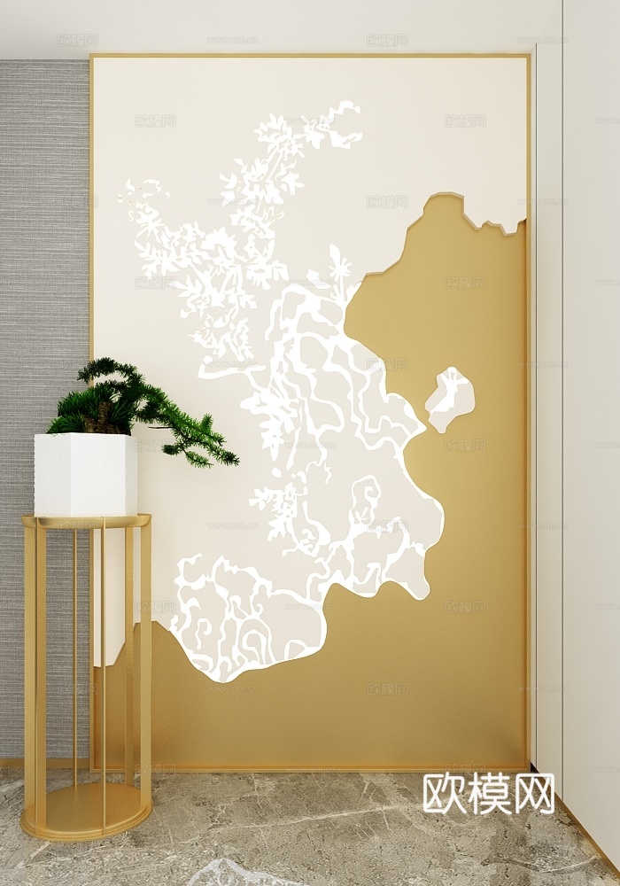 中式植物玄关背景墙3d模型下载（渲染图1）