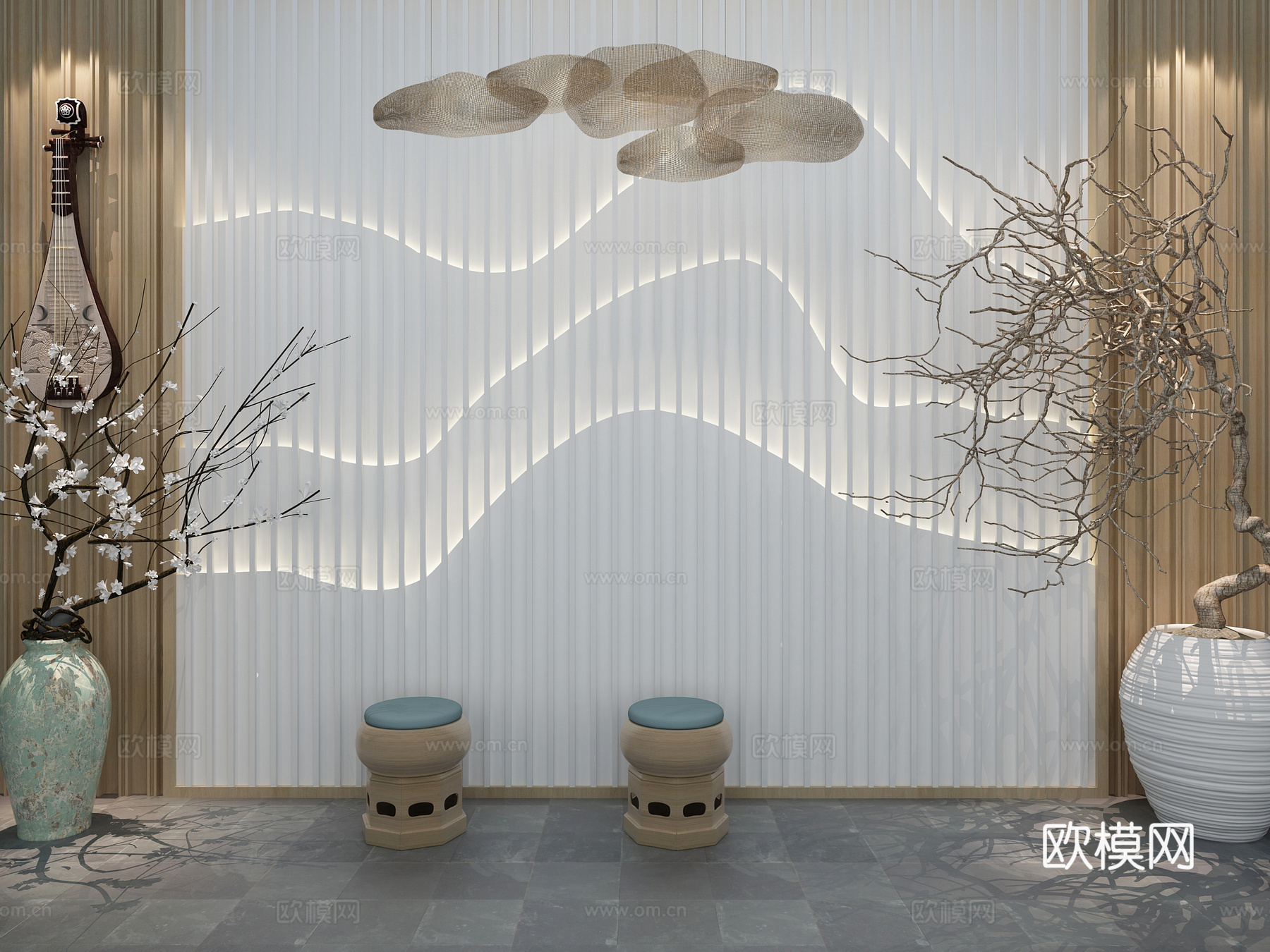 新中式背景墙 禅意中式山形背景墙 造型墙 新中式吊灯 干3d模型下载（渲染图1）
