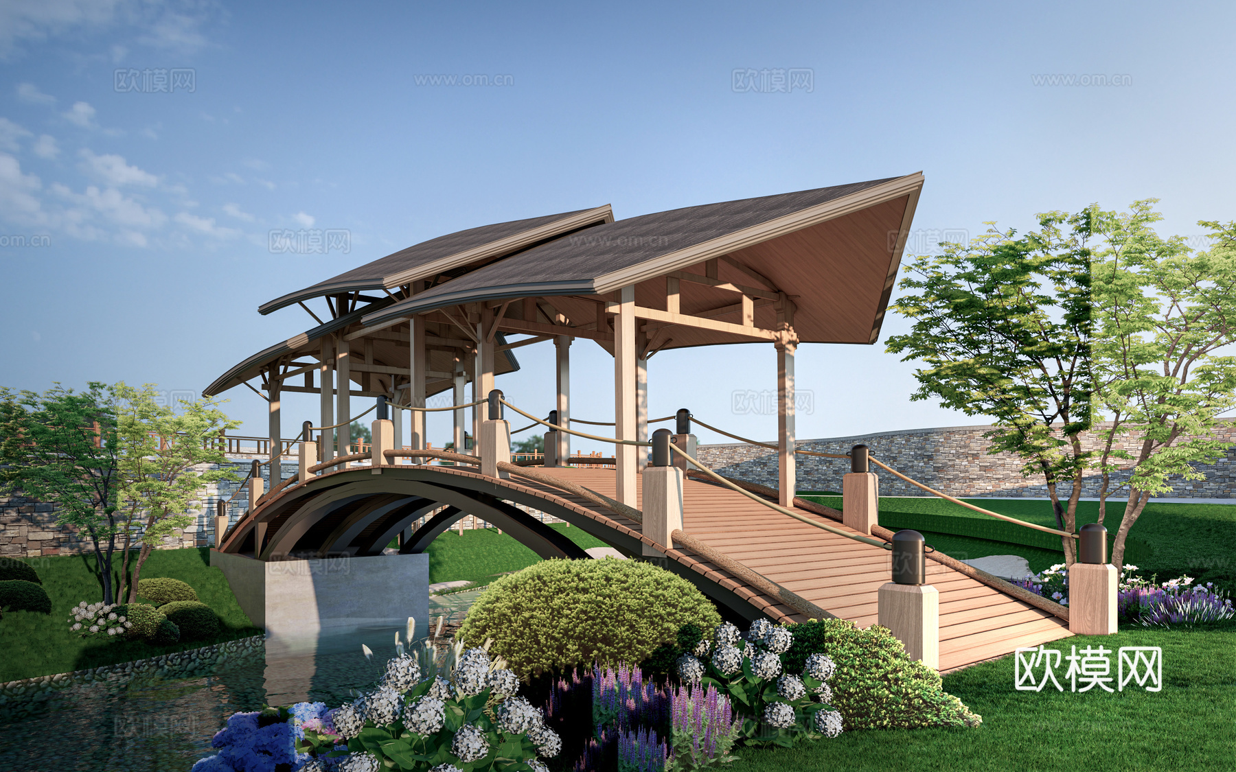 现代景观小桥 景观桥 木拱桥 公园桥su模型