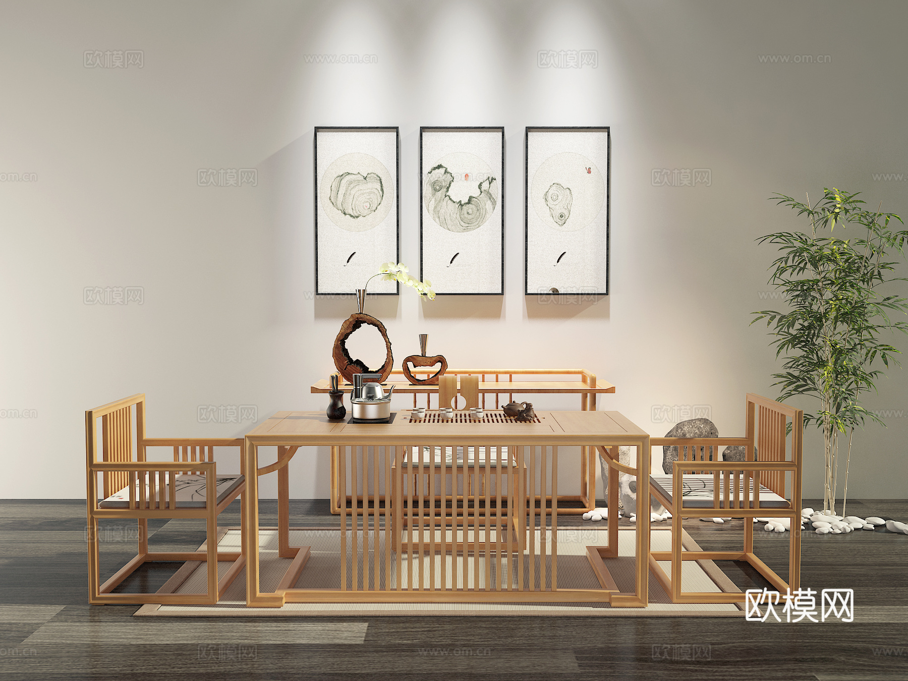 新中式茶室 原木茶桌椅 功夫茶具组合3d模型下载（渲染图4）