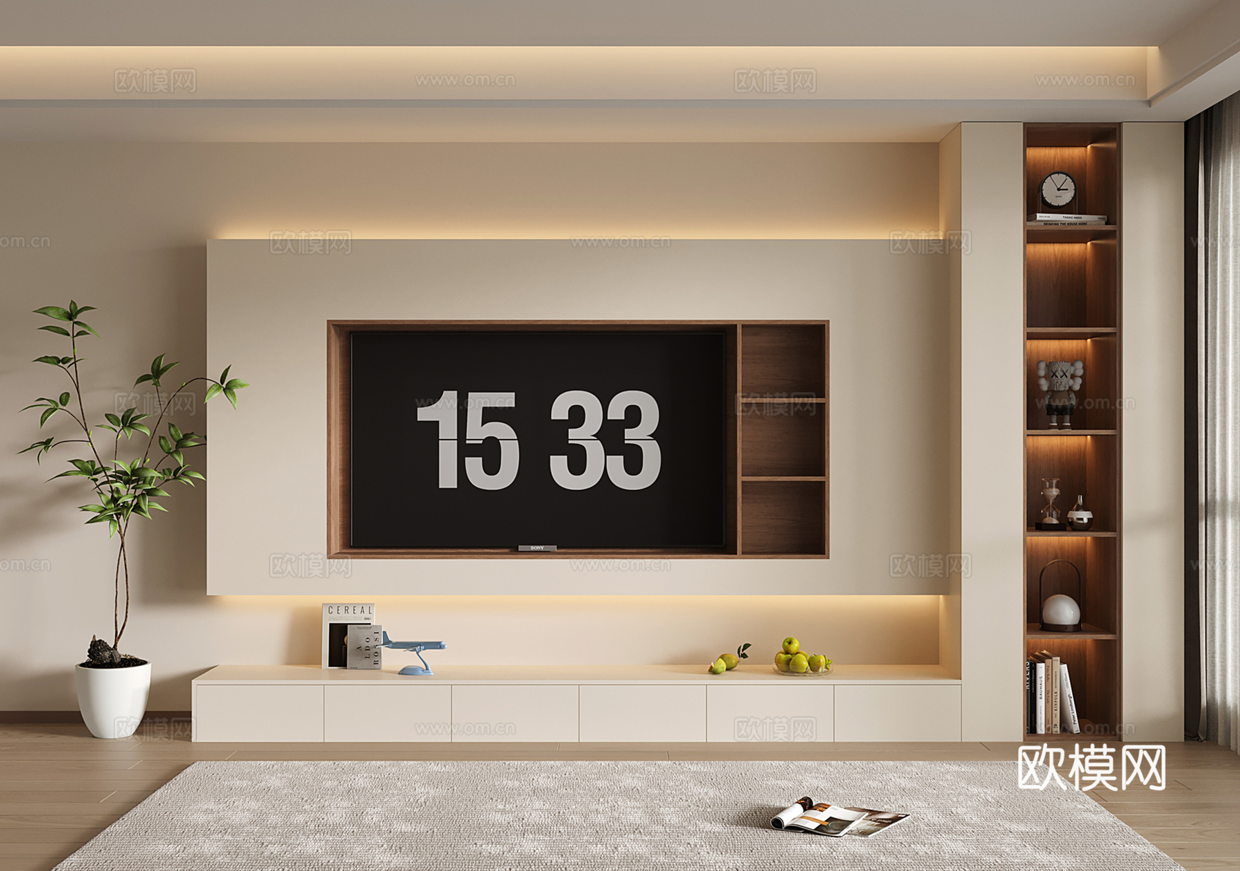 奶油风电视背景墙 开放格电视柜一体su模型