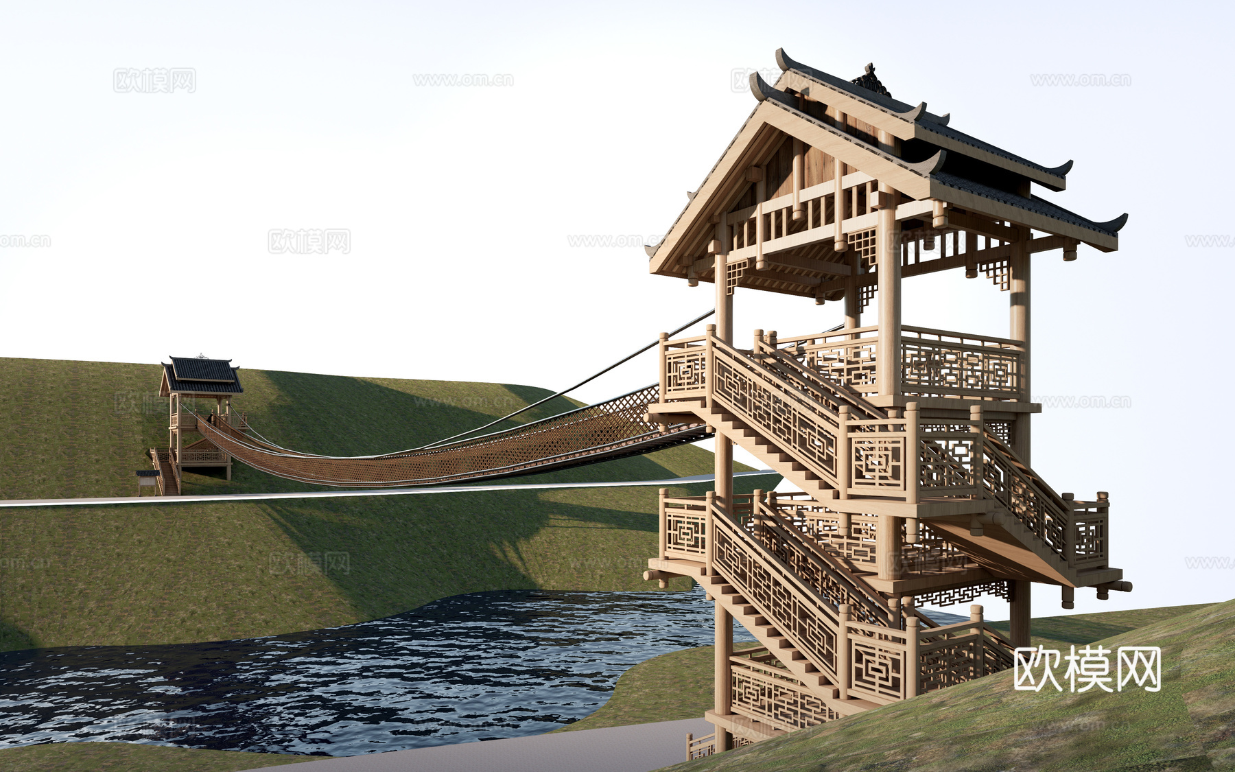 现代景观吊桥 景区吊桥 木栈桥su模型