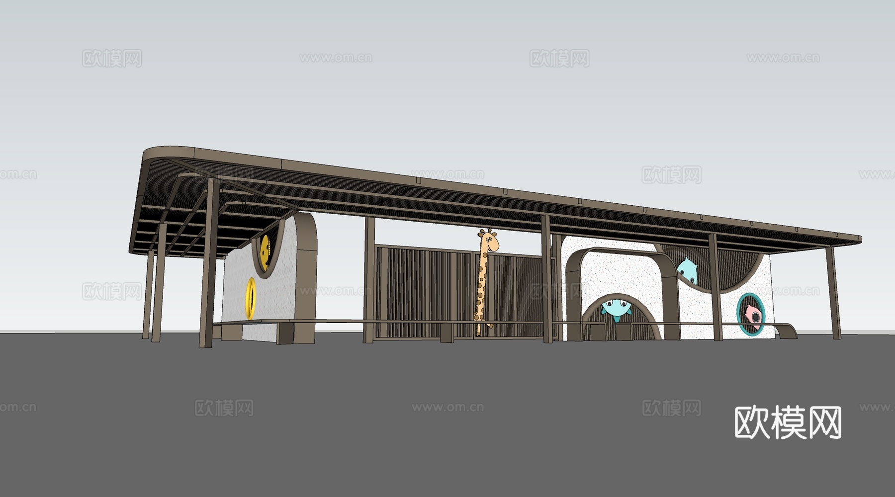 现代等候区廊架 休息区廊架 家长接送区廊架su模型