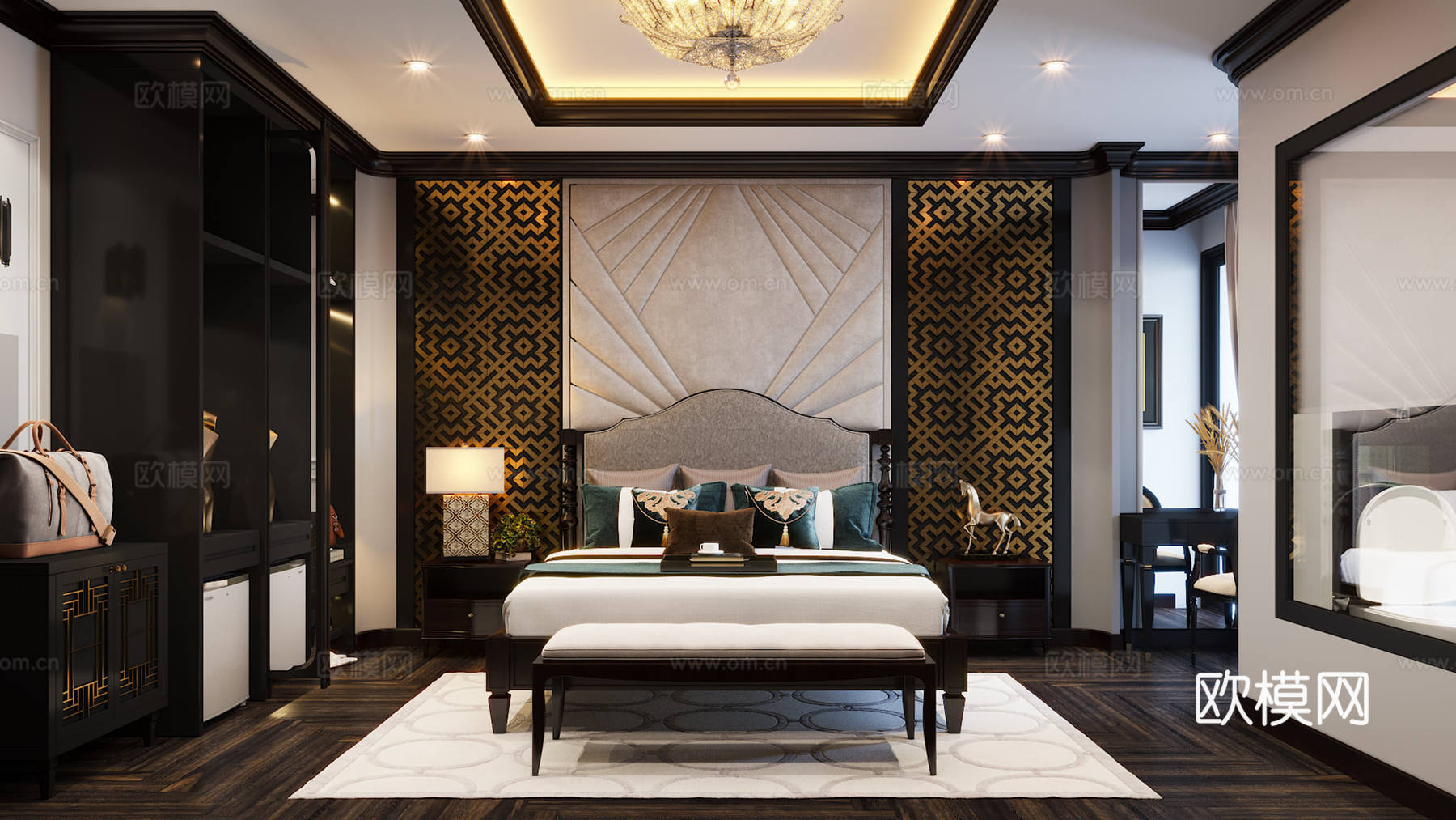 意式极简​酒店客房 酒店风卧室​ 玻璃衣柜 背景墙3d模型下载（渲染图1）