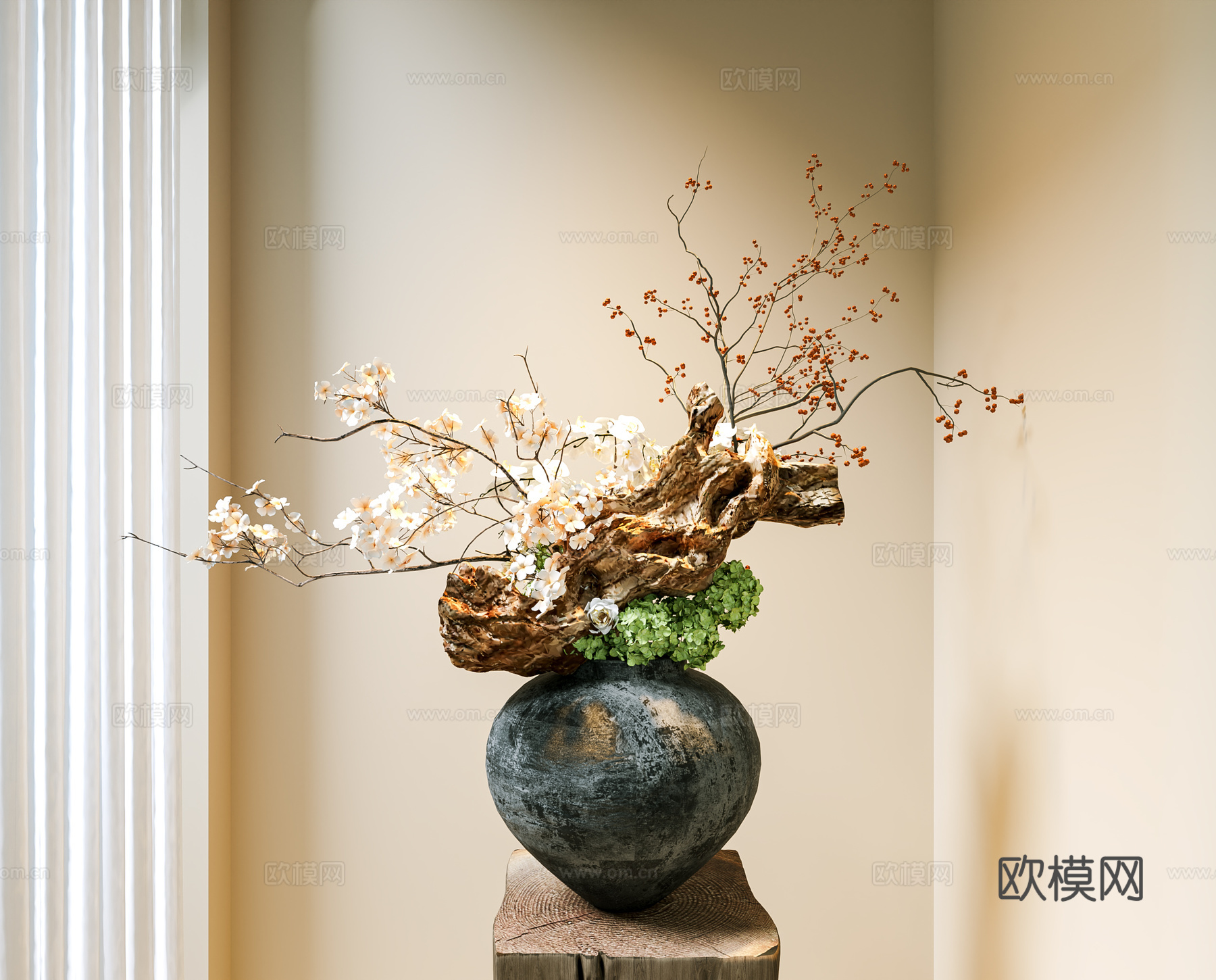 花瓶 中古花艺盆景 陶罐花瓶 干枝花艺 装饰摆件 花 现代花su模型