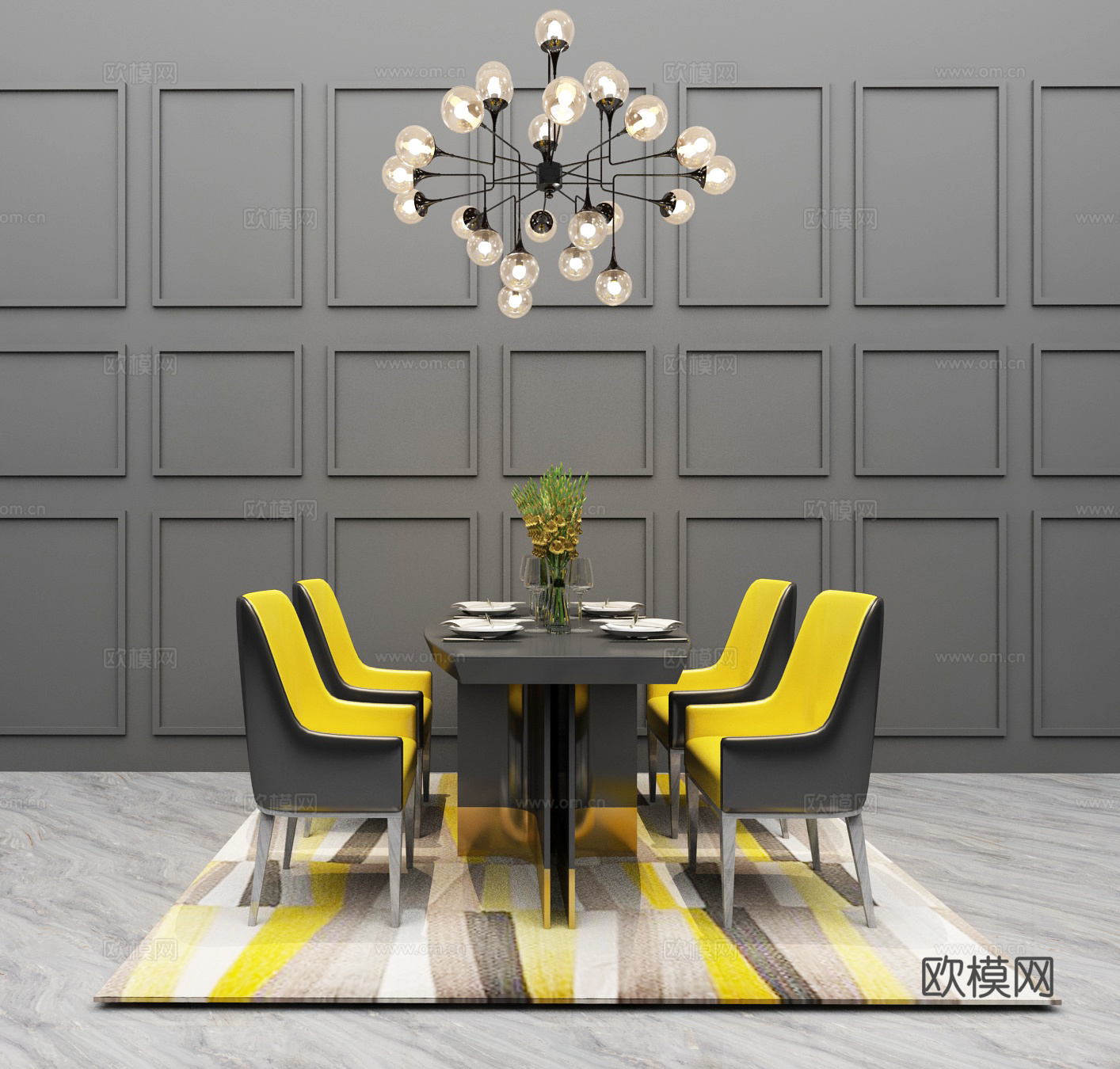 现代餐桌背景墙吊灯3d模型下载（渲染图1）