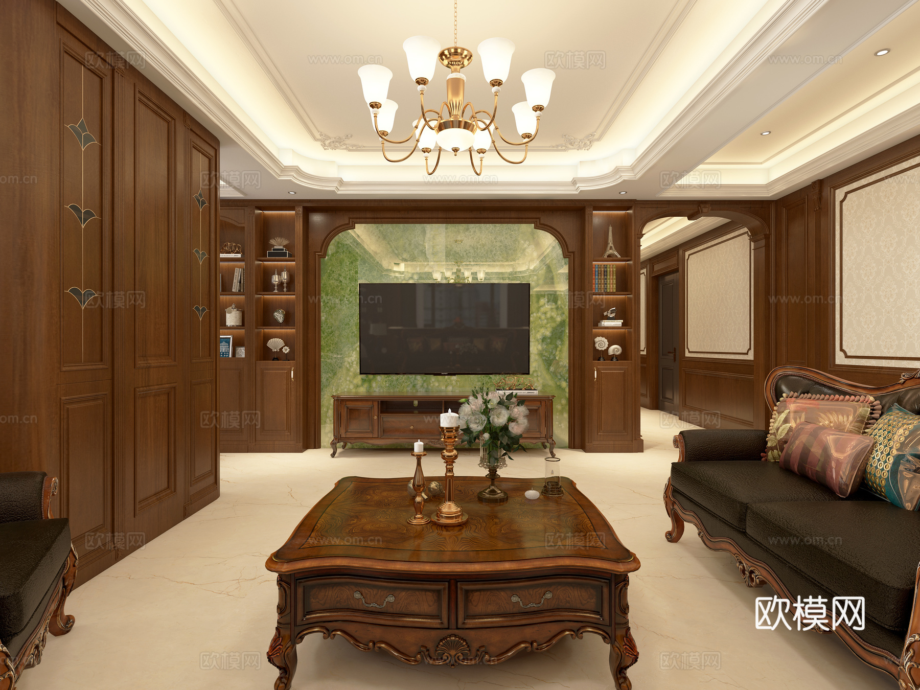 美式客餐厅 影视墙 圆形餐桌 组合沙发 酒柜 餐边柜 电视柜3d模型下载（渲染图4）