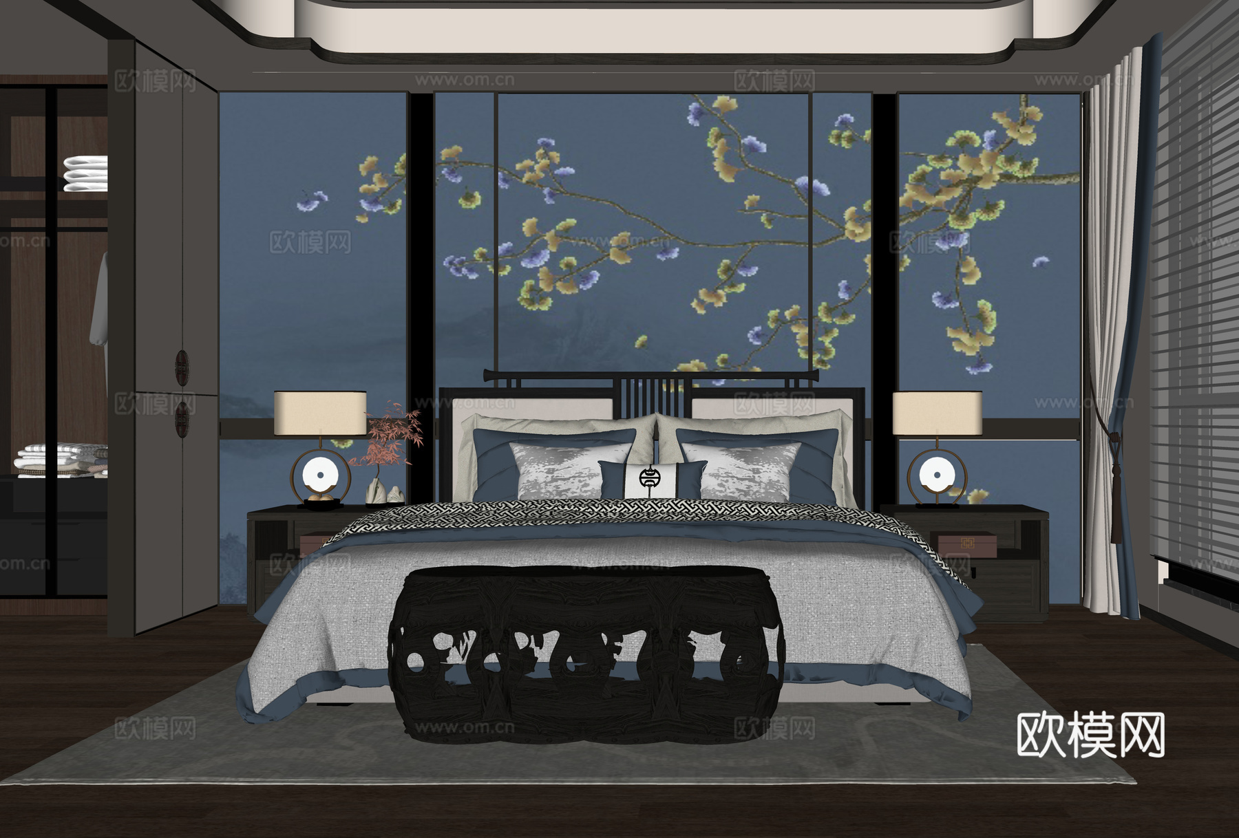 新中式卧室 双人床su模型
