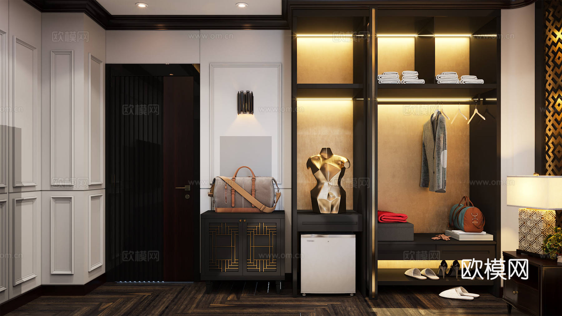 意式极简​酒店客房 酒店风卧室​ 玻璃衣柜 背景墙3d模型下载（渲染图2）