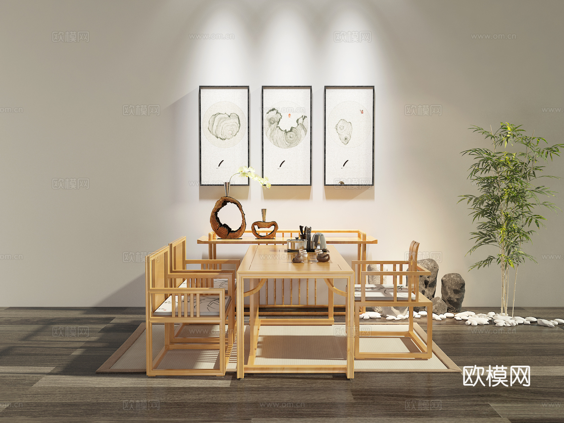 新中式茶室 原木茶桌椅 功夫茶具组合3d模型下载（渲染图3）
