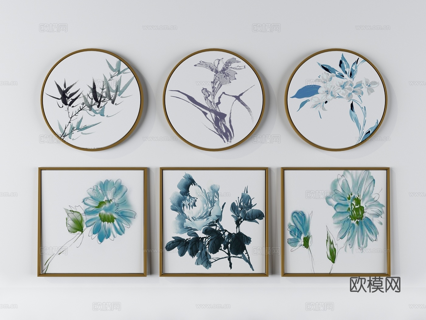 新中式 花鸟装饰画 挂画组合3d模型下载（渲染图2）